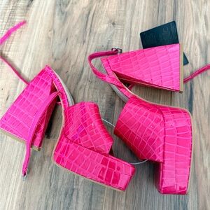 Pink Croc-Embossed Platform Sandals